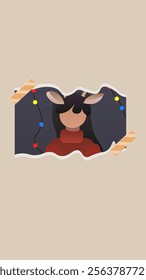 Abstract Christmas Gift Card Girl With Deer In Sweater Cute Character Mobile Stories Torn Paper Frame For Collage Mood Board Wooden Magic Background Cartoon Wavy Vector Design