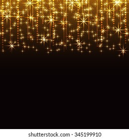Abstract Christmas glittering background with golden stars on black. Vector illustration.