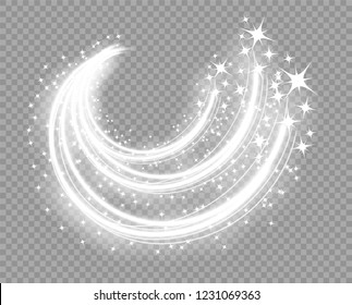 Abstract Christmas glowing lines with a train up. Falling dust particles. Magic glow comet. The lighting effect of the stars. Vector, transparent background.