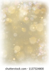 Abstract Christmas gold background with white frame and copy space. Gold abstract mesh background. Snowflakes border on blurred bokeh gold template. EPS 10