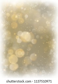 Abstract Christmas gold background with white frame and copy space. Gold abstract mesh background. Snowflakes border on blurred bokeh gold template. EPS 10