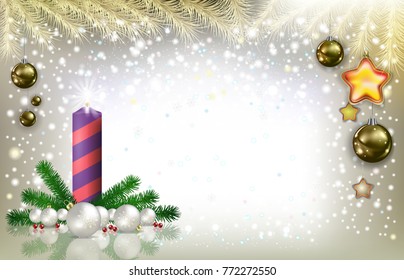 Abstract Christmas golden greeting with candle snowflakes and decorations