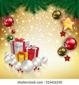 Abstract Christmas golden greeting with gifts and decorations