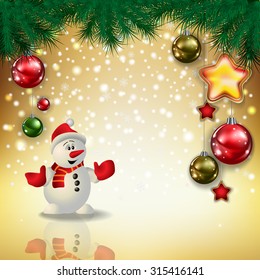 Abstract Christmas golden greeting with snowman and decorations