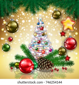 Abstract Christmas golden greeting with tree decorations and pine cone