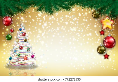Abstract Christmas golden greeting with tree snowflakes and decorations