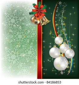 Abstract Christmas green background with decorations and bells