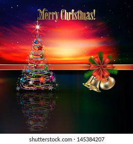 Abstract Christmas greeting with bells red ribbon and tree