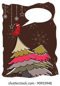 Abstract of Christmas greeting card with cute bird sitting on colorful Christmas tree and copy space on Brown background for Christmas and other occasions.