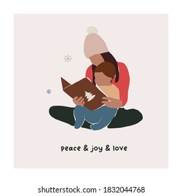Abstract christmas greeting card with family mother and son reading book. Trendy new year winter holiday poster template. Vector illustration in hand drawn flat style