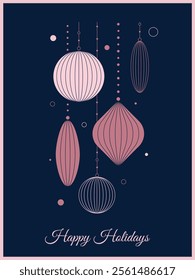 Abstract christmas greeting card with pink ornaments on dark blue background. Christmas template, poster, Happy holidays