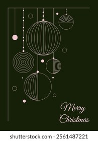 Abstract christmas greeting card with pink geometric shape ornaments on green background. Christmas template, poster