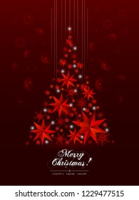 Abstract Christmas Greeting Card  With Christmas Tree Made Of Cutout Paper Stars And Snowflakes. Vector illustration of abstract Christmas tree on red background and inscription Merry Christmas. 