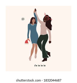 Abstract christmas greeting card with two friends girls dancing. Trendy new year winter holiday poster template. Vector illustration in hand drawn flat style