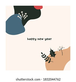 Abstract christmas greeting card with xmas branches, shapes. Trendy new year winter holiday poster template. Vector illustration in hand drawn flat style