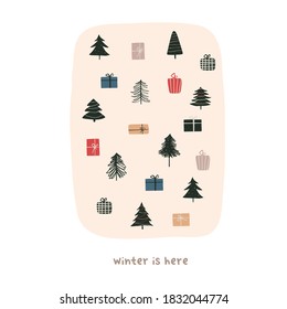 Abstract christmas greeting card with xmas tree and gifts. Trendy new year winter holiday poster template. Vector illustration in hand drawn flat style