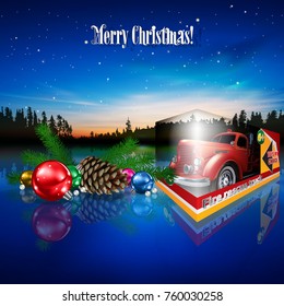 Abstract Christmas Greeting With Fire Truck Toy Decorations And Forest Lake