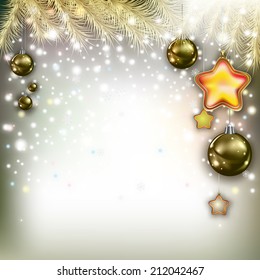 Abstract Christmas greeting with pine branch and decorations