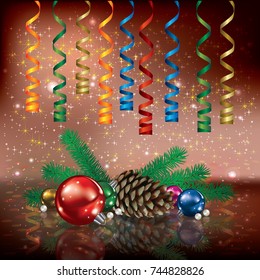 Abstract Christmas greeting with pine cone and decorations on brown