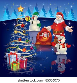 Abstract Christmas greeting with Santa and tree