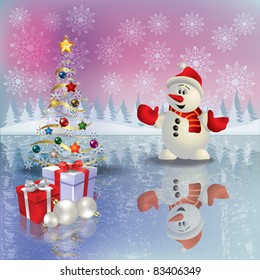 Abstract Christmas greeting with snowman and gifts