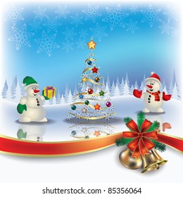 Abstract Christmas greeting with snowmen and tree