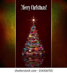 Abstract Christmas greeting with tree and decorations on brown