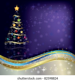 Abstract Christmas greeting with tree on purple