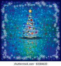 Abstract Christmas greeting with tree on blue