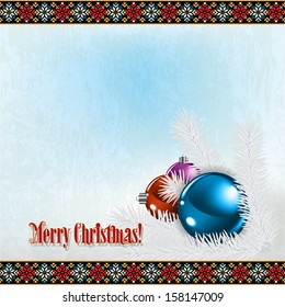 Abstract Christmas grunge background with decorations and white pine branch