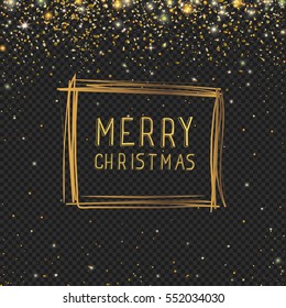Abstract Christmas hand drawn frame with golden glitter stars and shine snowflakes on the black background.
