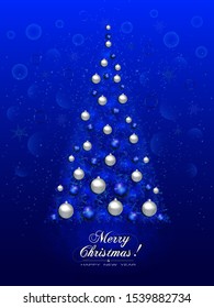 Abstract Christmas illustration on blue background. Vertical festive, congratulatory New Year card with a silhouette of a Christmas tree made of Christmas balls.