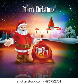 Abstract Christmas illustration with silhouette of castle and Santa Claus