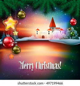 Abstract Christmas illustration with silhouette of castle and pine branch