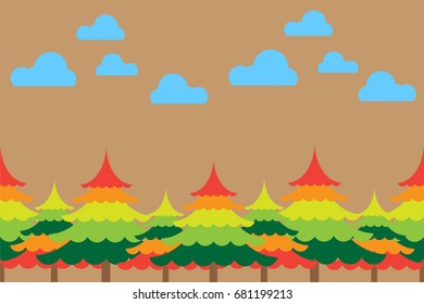 Abstract christmas landscape with colorful trees on brown background and light blue clouds