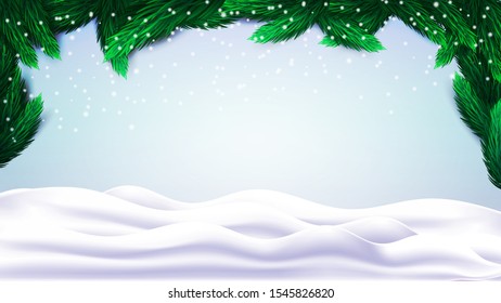 Abstract Christmas landscape with fir tree branches and snow hills. Background template for your arts with copy space. Vector illustration.