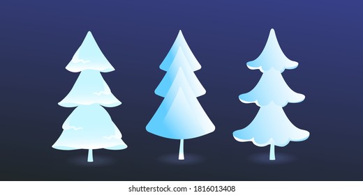 Abstract Christmas light coloured trees on a dark background. Christmas trees of different shapes for the New Year. Modern concept of Christmas trees.