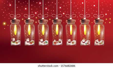 Abstract Christmas light. Neon garland with magical snow and Santa Clause inside. Design lights garland. Glowing lights for Christmas holiday. Collection magic garlands isolated of red background. New