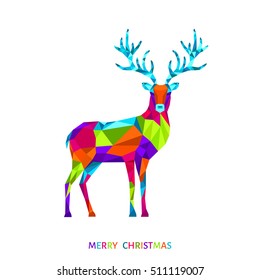 Abstract Christmas low poly triangle reindeer. Xmas greeting card with colorful  deer  on white background. Vector illustration in origami style.