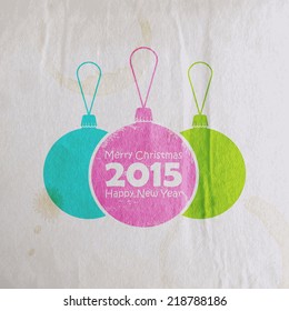 Abstract Christmas multicolored watercolor balls in flat style. holiday vector illustration with old paper wrinkled texture. Merry Christmas and Happy new 2015 year  