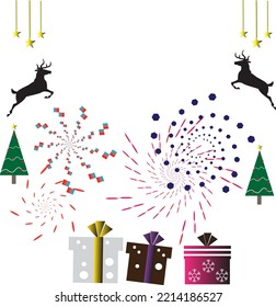Abstract christmas and new year background with fir tree, gifts and reindeer.Happy New 2023 Year. Hanging golden metallic numbers 2023 with snowflakes, stars and balls on blue background.