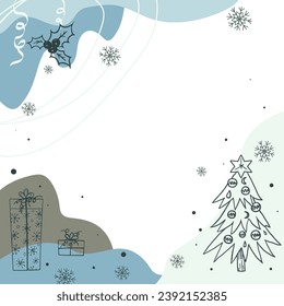 Abstract Christmas and New year background in blue colors. Vector design of christmas elements for greeting card, cover, social media post. Modern universal artistic templates.
