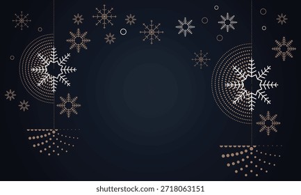 Navidades Abstractas y fondo de año Nuevo con copos de nieve y patrón de adornos florales con Elementos de engranaje de círculo grunge en un fondo de diseño de Vector negro