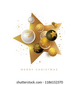 Abstract Christmas and new year greeting card design with 3d white, black and gold Christmas balls and star shape . Elements are layered separately in vector file.