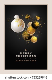 Abstract Christmas and new year greeting card design with 3d white, black and gold Christmas balls. Elements are layered separately in vector file.