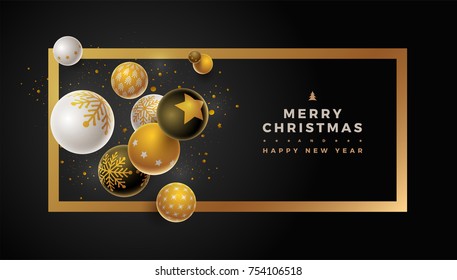 Abstract Christmas and new year greeting card design with 3d white, black and gold Christmas balls. Elements are layered separately in vector file.