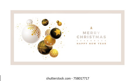 Abstract Christmas and new year greeting card design with 3d white, black and gold Christmas balls . Elements are layered separately in vector file.