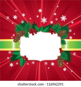 Abstract Christmas and New Year red background with holly berries and leafs and christmas tree