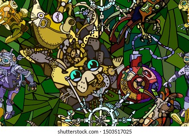 Abstract Christmas and New Year vector seamless pattern featuring fantasy Christmas tree toys in vintage steam-punk style. Hand drawn.  