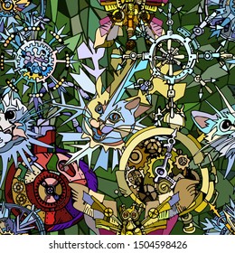 Abstract Christmas and New Year vector seamless pattern featuring fantasy Christmas tree toys , snowflakes and cat masks in steam-punk style. Hand drawn.  